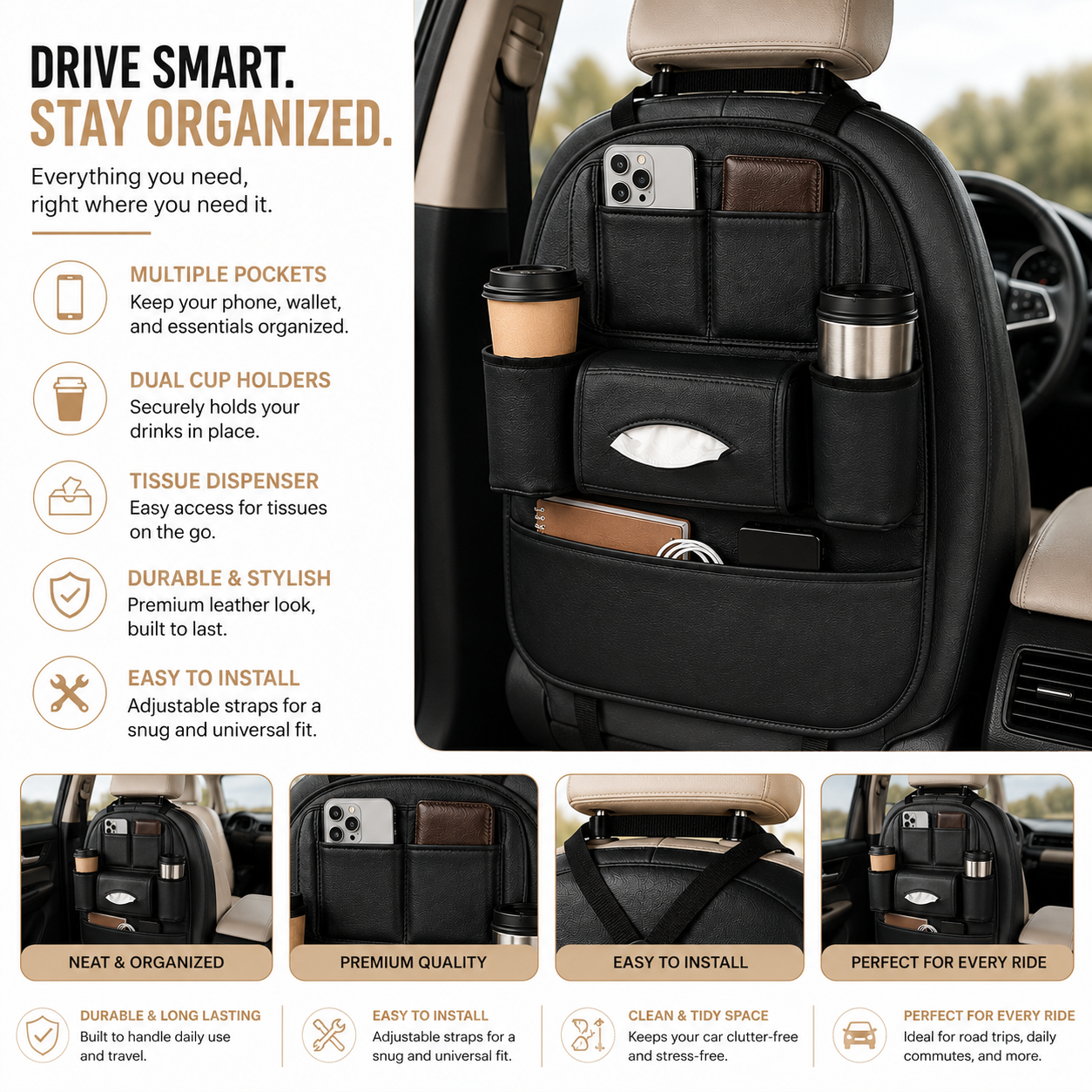 Car Seat Organizer with Cup Holders & Tissue Dispenser