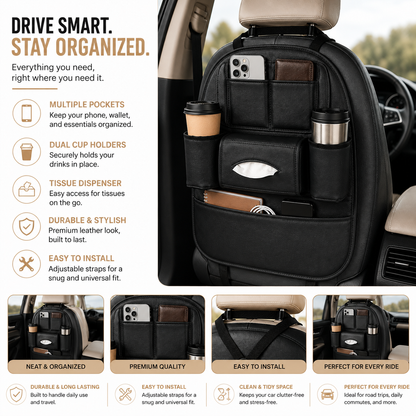 Car Seat Organizer with Cup Holders & Tissue Dispenser