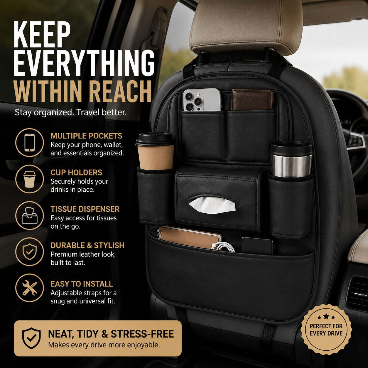 Car Seat Organizer with Cup Holders & Tissue Dispenser