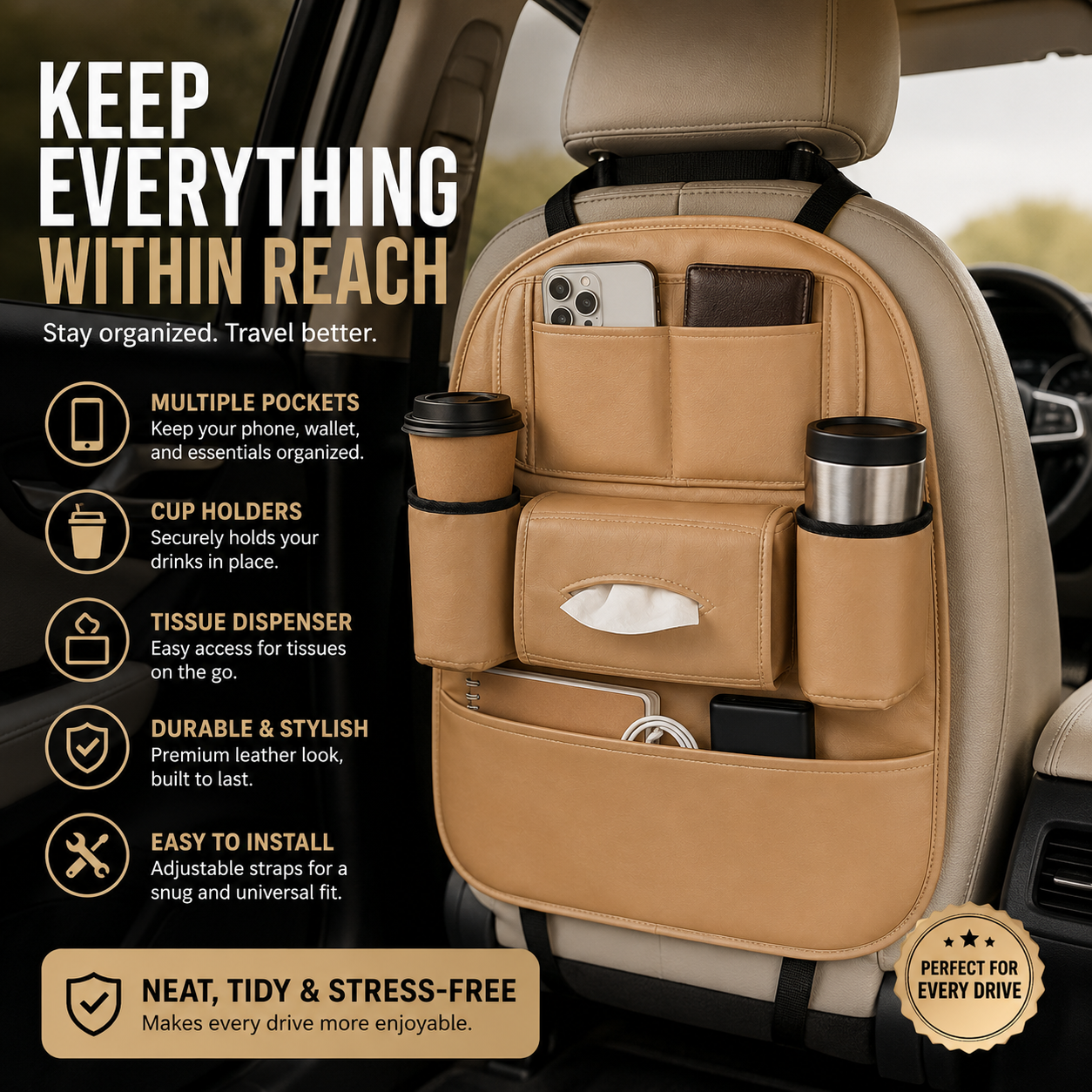 Car Seat Organizer with Cup Holders & Tissue Dispenser