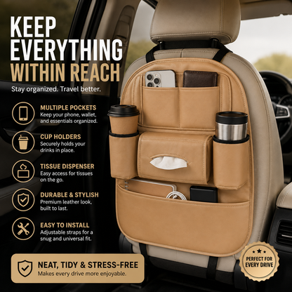 Car Seat Organizer with Cup Holders & Tissue Dispenser