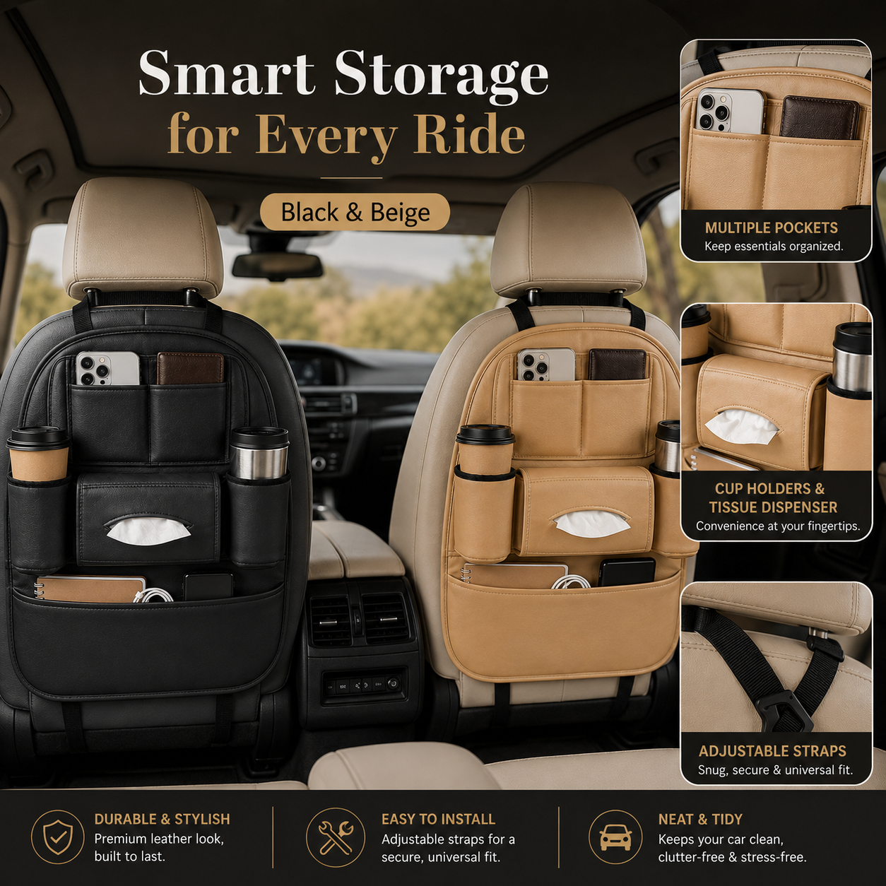 Car Seat Organizer with Cup Holders & Tissue Dispenser