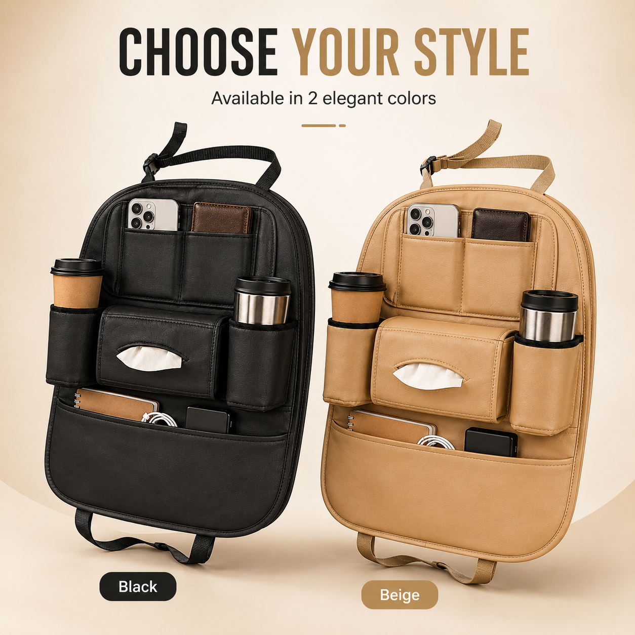 Car Seat Organizer with Cup Holders & Tissue Dispenser