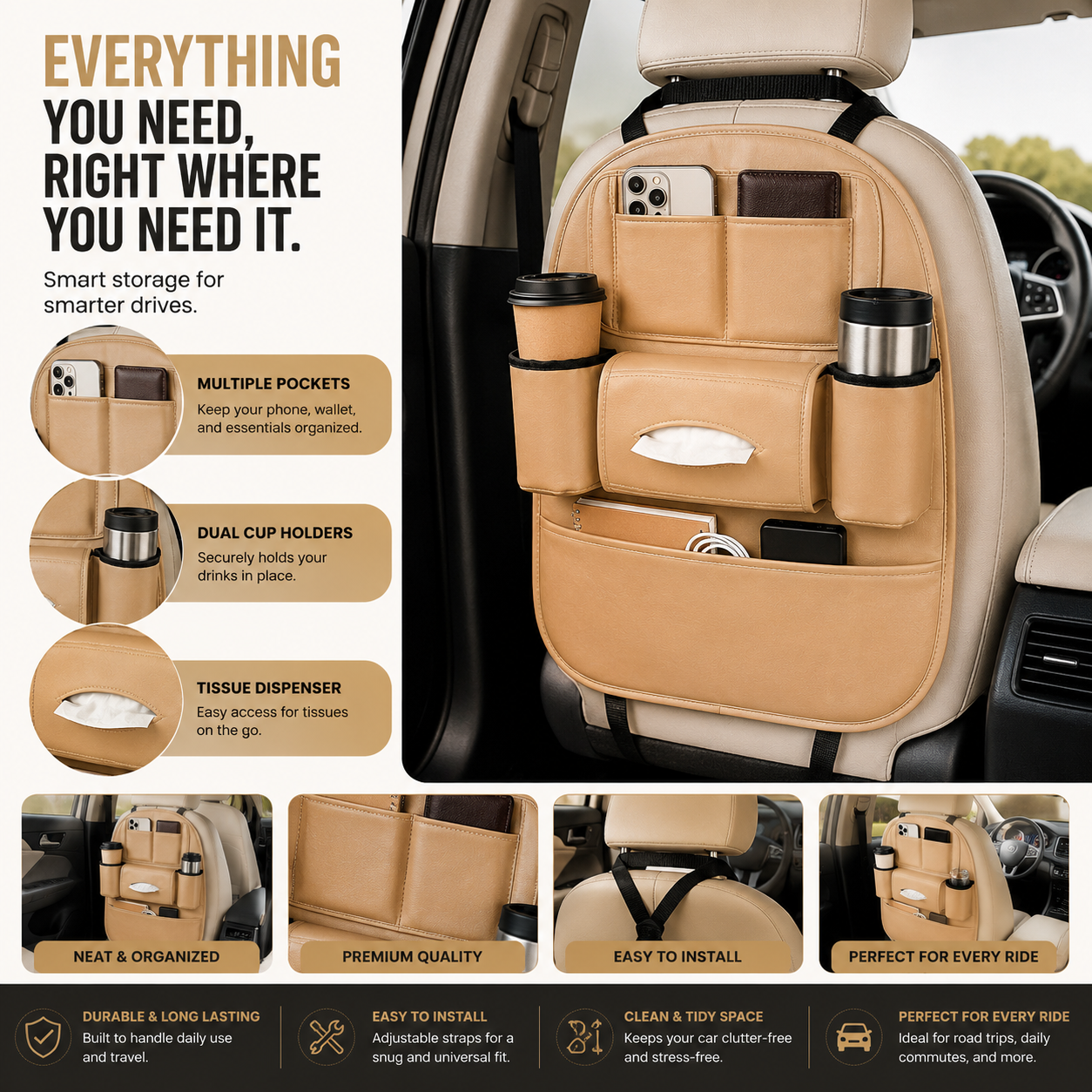 Car Seat Organizer with Cup Holders & Tissue Dispenser