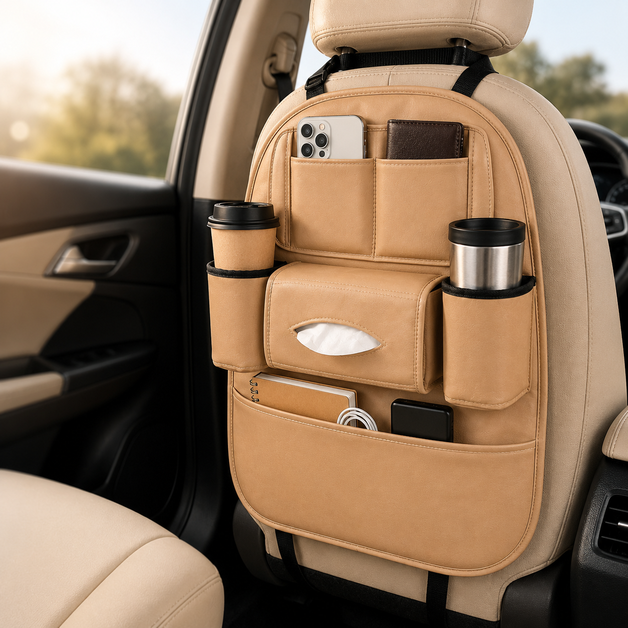 Car Seat Organizer with Cup Holders & Tissue Dispenser